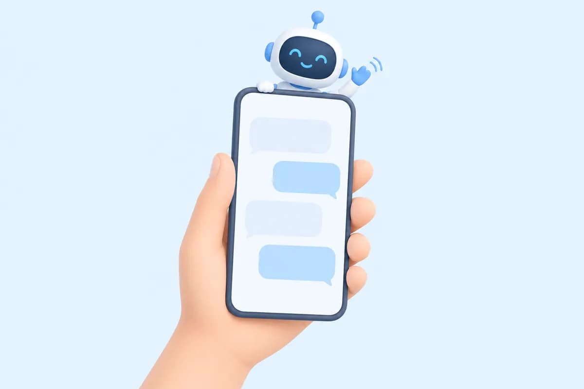 A hand holding a phone with chat bubbles while a small robot waves from the top