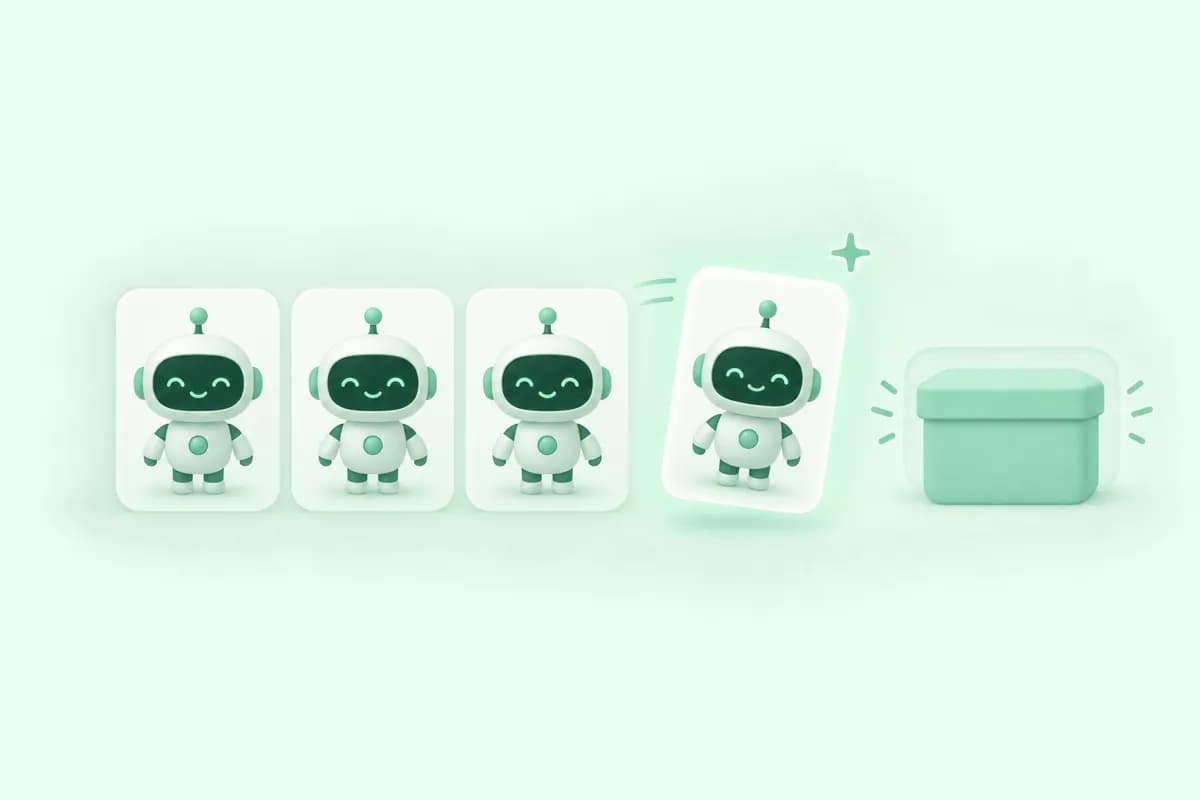 A row of robot cards with a new one sliding in beside a growing storage box