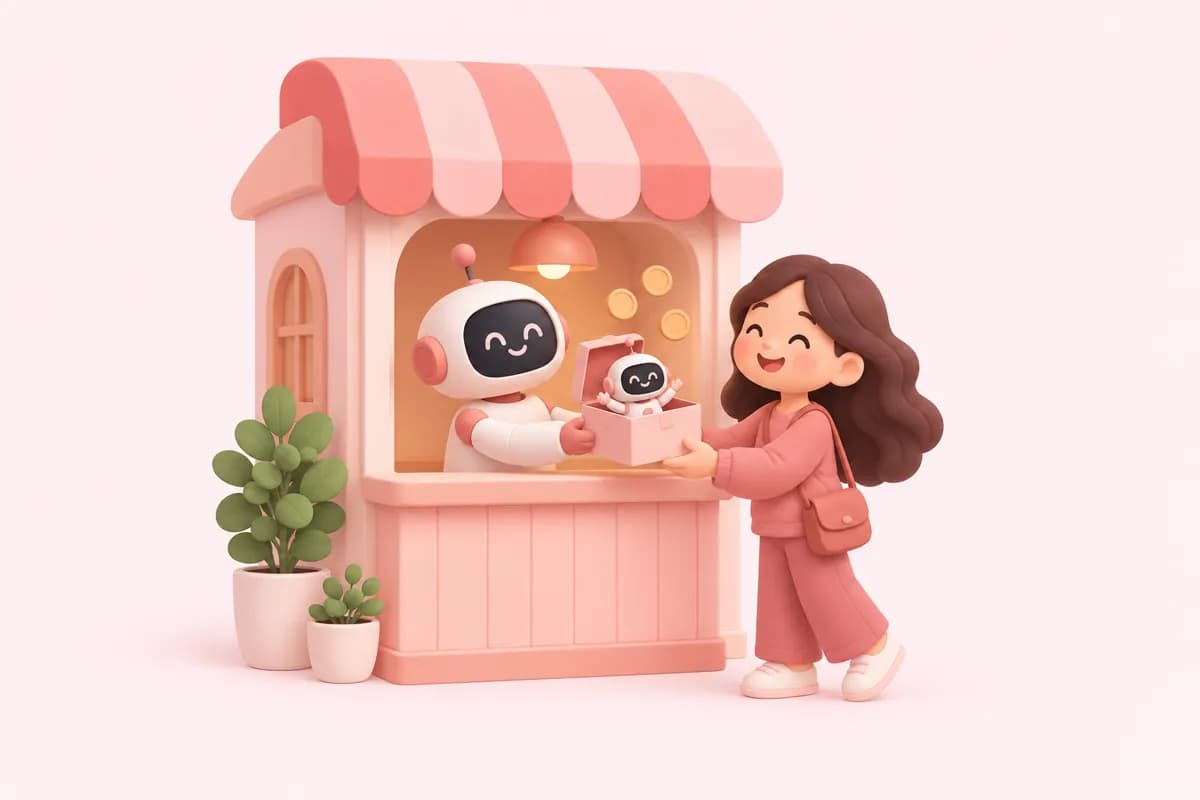 A robot shopkeeper hands a boxed robot to a happy customer