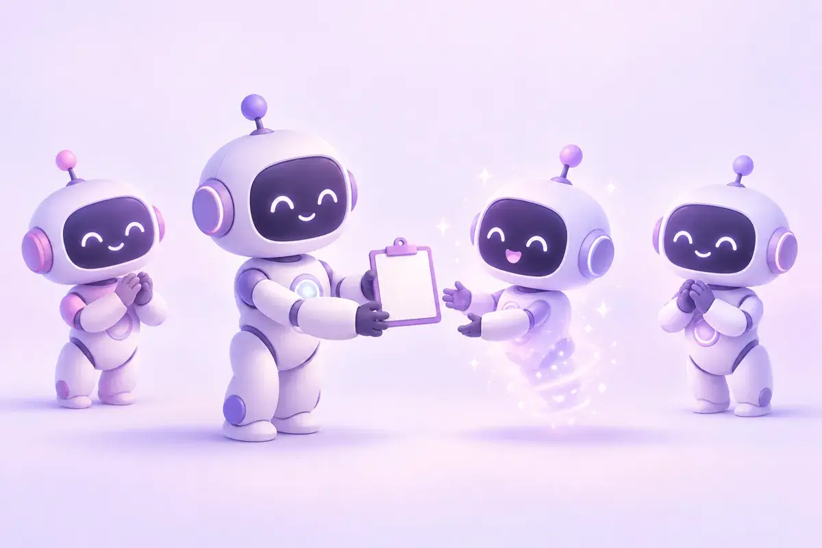 A robot hands a clipboard to a new robot teammate while two others cheer