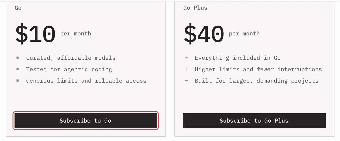 opencode.ai/go 页面上的 Subscribe to Go 按钮
