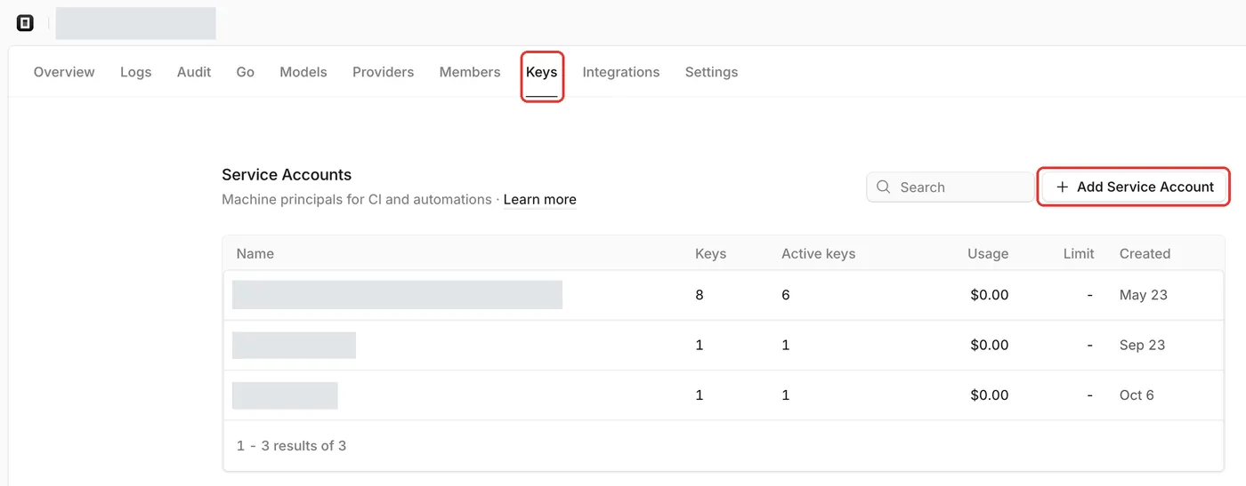 OpenCode 控制台 Keys 页面的 Add Service Account 按钮