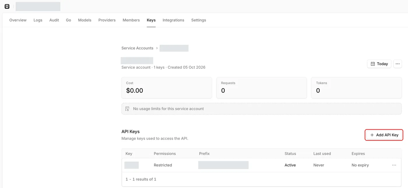 Service Account 页面的 Add API Key 按钮