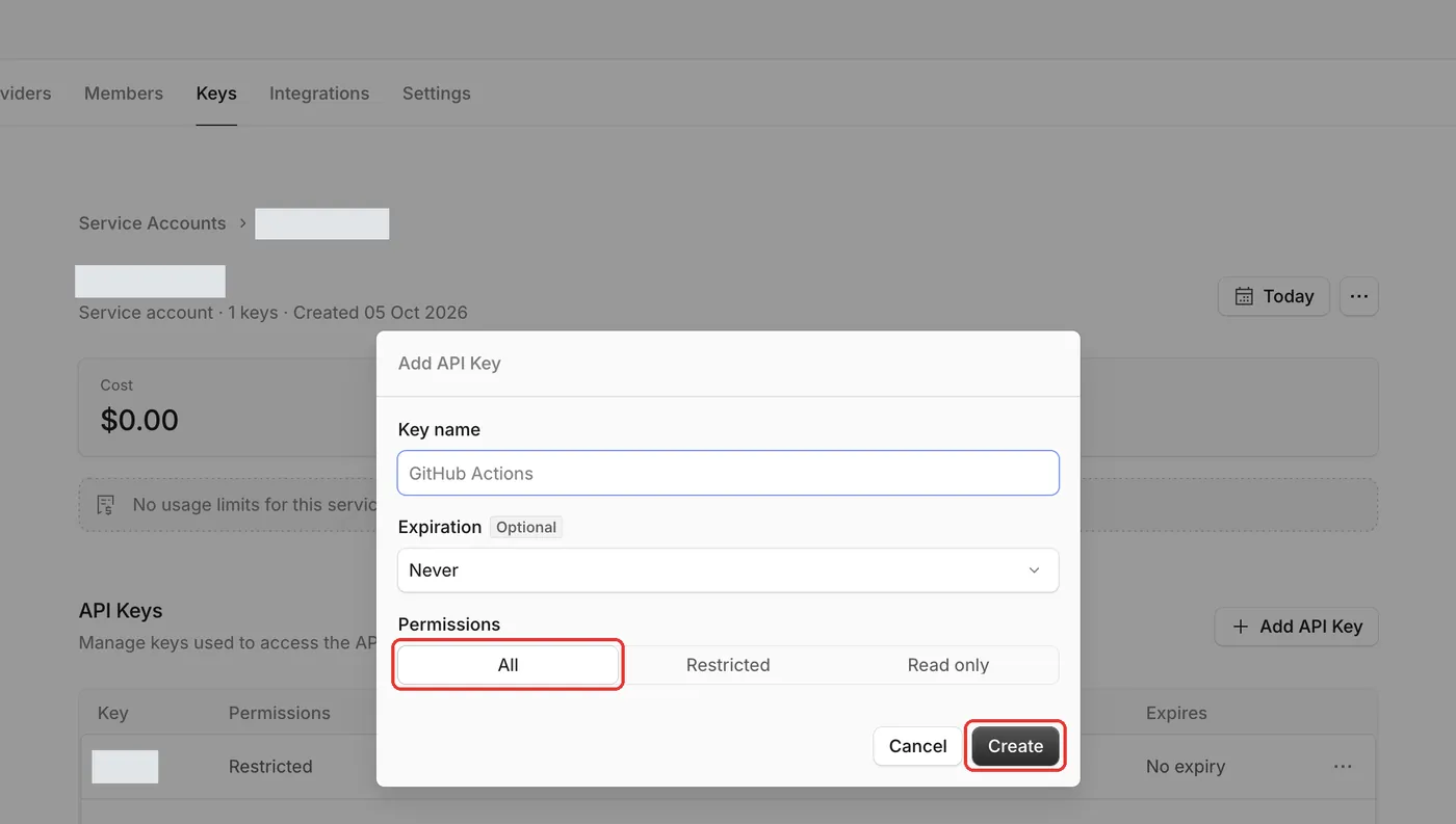 Add API Key 弹窗:Permissions 选 All,点击 Create